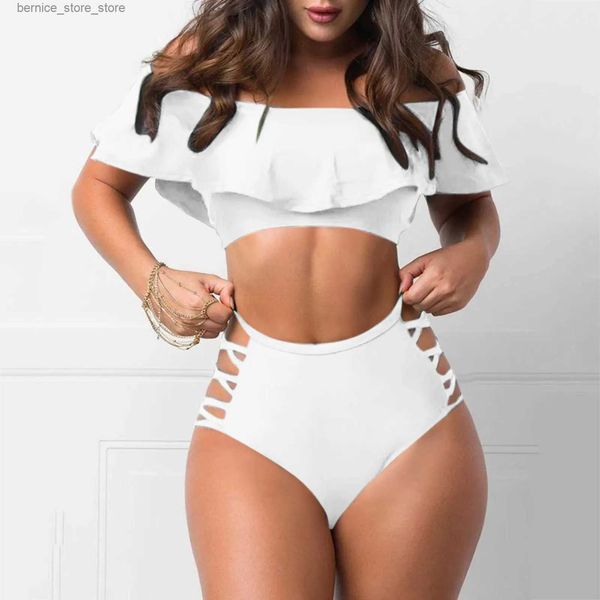 Traje de baño para mujer Conjunto de bikini con hombros plisados ​​sexy con vendajes para mujer Bandeau de cintura alta push up traje de baño playa impresa Q240306