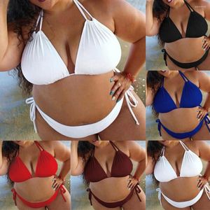 Maillot de bain femme Sexy grande taille maillot de bain Bikini ensemble femmes couleur unie à lacets licou maillot de bain Bikinis noir blanc vin rouge