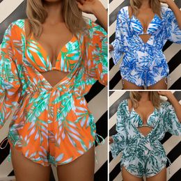 Vrouwen Badmode Sexy Print Halter Driehoek Bikini Badpak Voor Vrouwen 3 Stuks Cover Up Beach Wear Bikini Set Vrouwelijke badpak