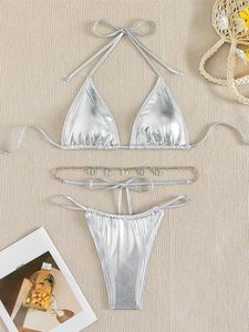 Swimwear de mujeres Sexy PU Faux Cuero Cadena de mariposa Bikini Mujeres Mujer Swimsuit Dos piezas