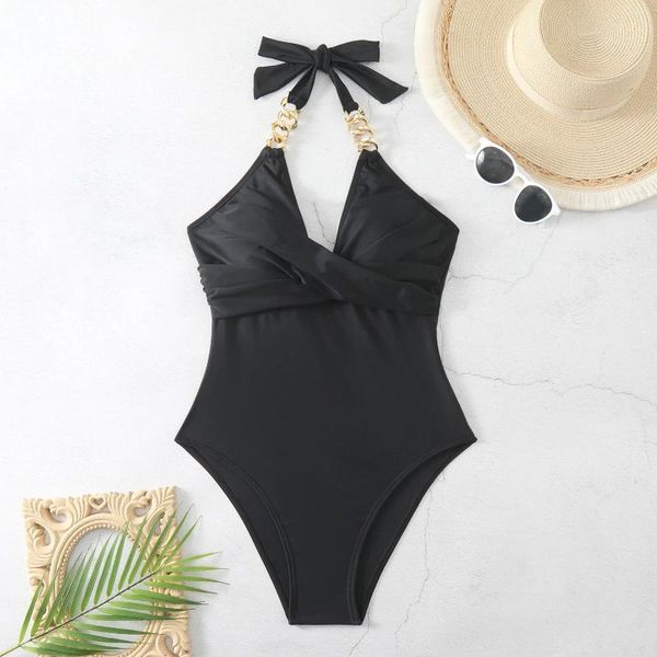 Traje de baño Sexy de una pieza con realce para mujer, traje de baño negro con cadena unida, trajes de baño con Control de barriga, ropa de playa Monokini