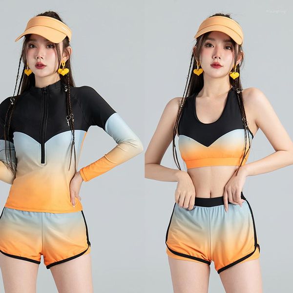 Traje de baño para mujer Sexy Rash Guards Mujeres 3 PCS Manga larga Pantalón corto Traje de baño Traje de baño Impreso Ropa deportiva Estilo de cremallera Verano 2023