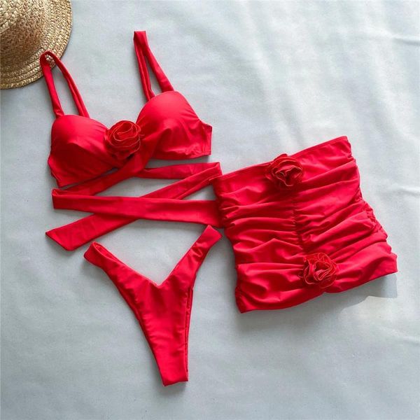 Swimwear Women Sexy Red 3d Flower Cover Up 3 Piece Bikinis Set Push Swimsuits 2024 Femmes High Cut Bathing Bandage Bandage Beachwear