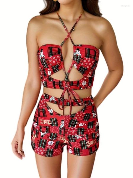 Swimwear pour femmes Sexy Red Christmas Print Bikini Ensemble 2024 Femmes Halter Hollow Out Criss Cross Push Up High Waist Swimsuit Fulging