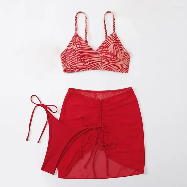 Swimwwear pour femmes MAINTRAINE SEXY RED RED POUR FEMMES 2024 SUMME PLAGE JURTE 3-PIEE PRINT BIKINI CROSS V-NECK SOSPENDER Backless High