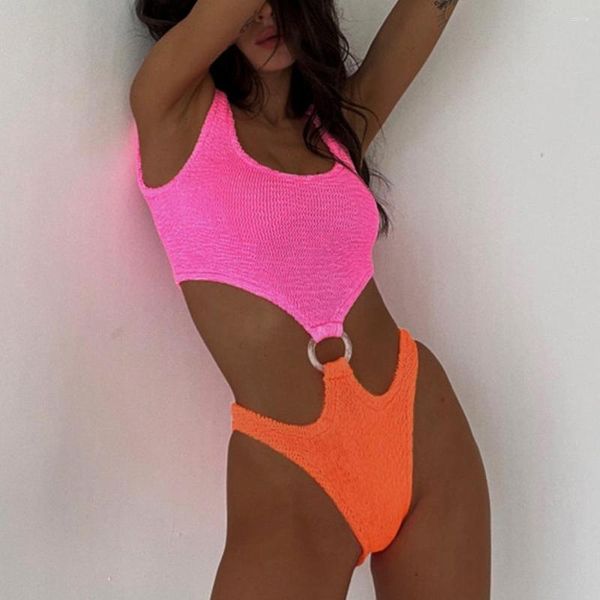 Maillots de bain pour femmes Sexy côtelé une pièce maillot de bain femmes Patchwork Monokini maillot de bain 2023 dos nu découpé Trikini maillot de bain