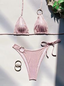 Swimwear Women Sexy Ring Shinny Pink Metallic paillettes Micro Bikinis sets deux pièces à cravate licou string de maillot de bain plage de baignade