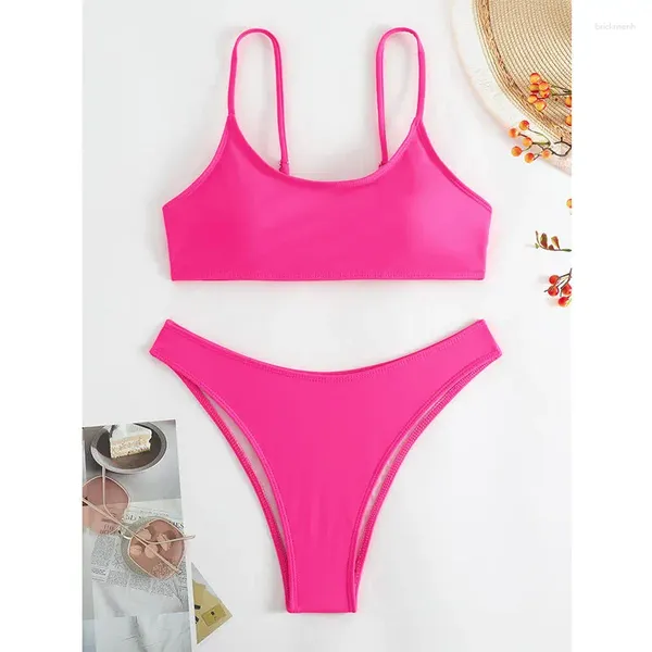 Traje de baño para mujer, conjunto de bikini Bandeau rojo rosa Sexy, Tanga de cintura alta, conjunto De Bikini, Tankini, ropa de playa, trajes de baño