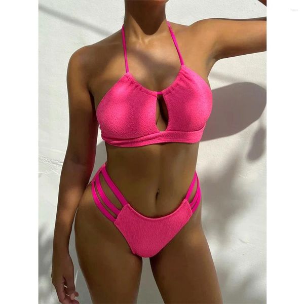 Traje de baño para mujer Sexy Rose Red Traje de baño 2024 Mujeres Vendaje de cintura alta Bikini de dos piezas Hollow Out Traje de baño Verano Halter Sin espalda