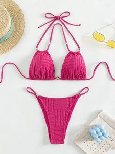 Traje de baño para mujer, conjunto de Bikinis con cuello Halter y triángulo rojo rosa Sexy, traje de baño de dos piezas con Tanga y lazo, conjunto de Bikini para mujer, trajes de baño