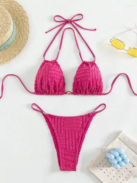 Traje de baño para mujer, conjunto de Bikinis con cuello Halter y triángulo rojo rosa Sexy, traje de baño de dos piezas con Tanga y lazo, conjunto de Bikini para mujer, trajes de baño