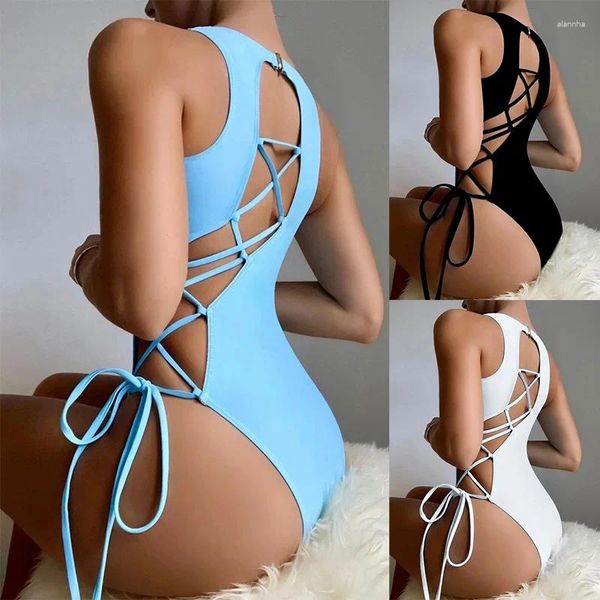 Traje de baño para mujer Sexy Cuello redondo Traje de baño de una pieza Mujer 2024 Diseño Sentido Europeo y americano Color sólido Triángulo con cordones Bikini Playa