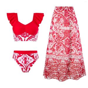 Swimwear féminin sexy Bikinis féminins à volants ensembles de luxe Push up Up Red Printed High Taist Two Piece Massuit de maillot de bain 2024 Brésilien