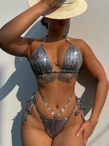 Swimwear pour femmes Sexy Sequin Rigin Bikinis licou métallique sets 2024 femmes deux pièces à nouer des maillots de bain plage de baignade