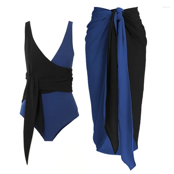 Traje de baño para mujer Sexy sin mangas de una pieza traje de baño mujeres negro y azul profundo espalda abierta monokini tiras traje de baño push up plisado