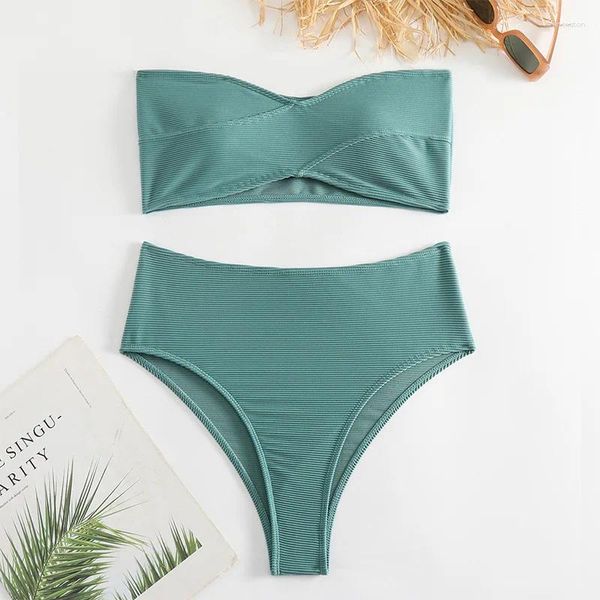 Traje de baño para mujer Conjuntos de bikinis bandeau sólidos atractivos Biquini Traje de baño de cintura alta Tanga Conjunto De Bikini Tankini Ropa de playa