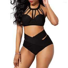 Swimwear Women's Sexy Solid Beachwear Swimsuit Bikini ensembles Halter Cross Bandage Hollow Crops Tops Sous-pants Summer Beach Vêtements pour femmes