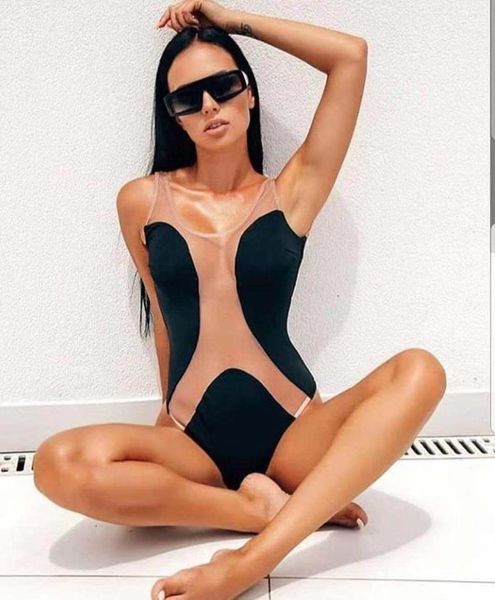 Traje de baño para mujer, traje de baño Sexy de Color sólido, Bikini de una pieza para mujer, traje de baño de malla transparente con empalme, traje de baño para mujer