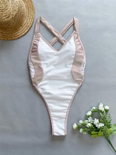 Traje de baño para mujer Sexy empalme V cuello cruzado espalda mujeres una pieza traje de baño femenino corte de pierna alta monokini bañista traje de baño nadar k5261