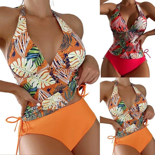 Maillots de bain pour femmes Sexy Split Triangle Band Pure Feuille de couleur Impression Bikini Top avec armatures