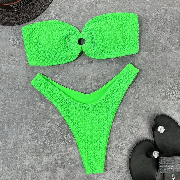 Traje de baño para mujer Sexy Bikini sin tirantes 2024 Color sólido Dos piezas Mujeres Anillo Hollow Out Biquini Verano Traje de baño Playa