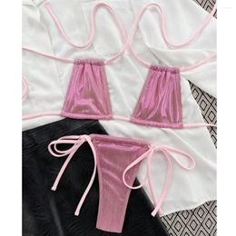 Swimwear féminin Sexy String Bikini Micro Shiny Shiny Swimsuit Femmes Deux pièces licou à lacets Y2K Bikinis Sets Beach Thong Bathing Costume