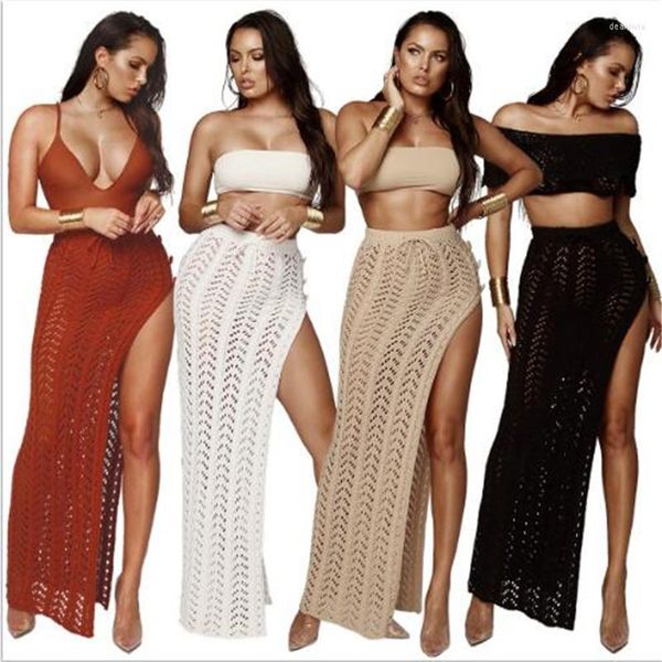 Maillots de bain pour femmes Sexy Summer Beach Cover Up Sarong Bikini Wrap Paréo Jupe à tricoter High Split Long Maxi Swim Crochet Maillot de bain Femme