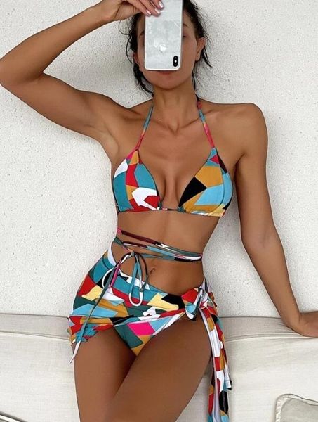 Maillot de bain femme Sexy maillot de bain Bikini trois pièces costume dames motif géométrique imprimé femme natation