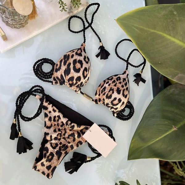 Traje de baño Sexy para mujer, traje de baño hecho a mano con cuerda tejida, estampado de leopardo, triángulos, vendaje, ropa de playa femenina, Micro bikini