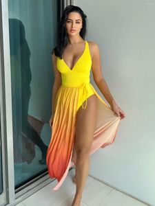 Traje de baño para mujeres Sexy Swimsuit Two Pieces Bikinis amarillas con corbata de cubierta Bodysuits Beachwear Bather Byquini Tankini
