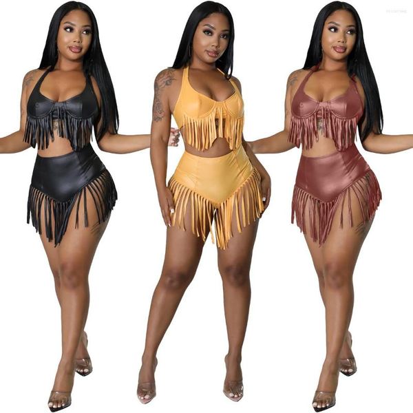 Maillots de bain pour femmes Sexy Tassel 2 pièces PU Bikinis Ensembles Summer Faux Cuir Beach Wear Femmes Dos nu Halter Bra Crop Top et Mini Shorts