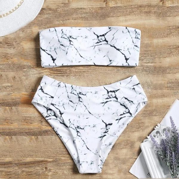 Traje de baño para mujer Conjunto de bikini con tinte dibujo anudado sexy Traje de baño acolchado sin tirantes Corte de pierna alta Ropa de playa Traje de baño femenino vintage Biquini