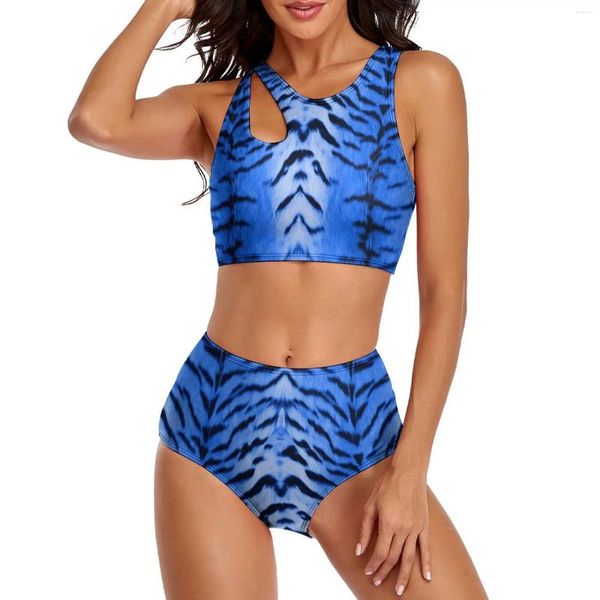 Maillots de bain pour femmes Sexy Tiger Skin Imprimer Bikini Maillot de bain Bleu Rayé Tendance Taille haute Taille personnalisée Bikinis Set Push Up Beach Tenues