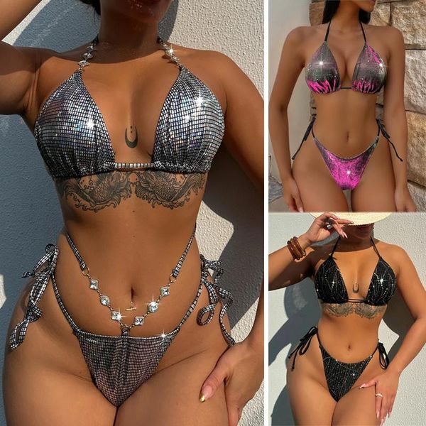 Swimwwear Women Sexy Triangle Bikini Push Up Bikinis Femmes Bling String 2 Pieds Suite de maillot de bain Bathing Bather Biquini