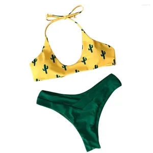 Swimwear féminin Sexy Sweet Two Piece Cactus Imprime-linge fendu lice à lacets Lacet Up Bikini Bikini Bikini pour femmes