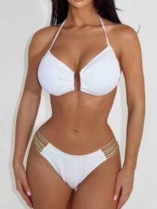 Swimwear pour femmes Sexy U Bikinis Wire Sets Femmes Blanc Push Up Gold Sequin Hollow Out High Taon Switsuit 2024 Cosier de bain de plage 2 Pieds