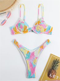 Traje de baño de mujer Sexy Bikini con aros Mujeres Rosa Colorido Plisado Push Up Bra Micro Traje de baño Brasileño Traje de baño de verano Tanga Traje de baño 230803