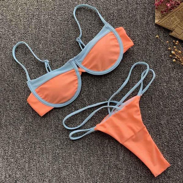 Traje de baño de mujer Sexy con aros desnudo Push Up Bikini mujer Patchwork traje de baño femenino ahueca hacia fuera la cintura media bañista traje de baño 5148