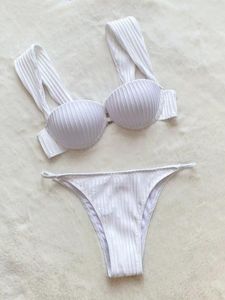 Traje de baño para mujer Sexy con aros Push Up acanalado blanco Micro Mini Bikinis conjuntos de dos piezas Tanga traje de baño traje de baño Biquini