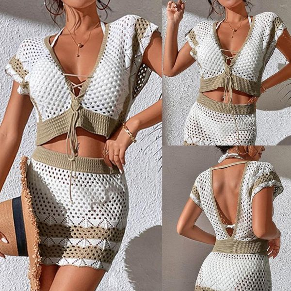 Traje de baño para mujer Sexy V Back Tops para mujeres Casual Vacaciones de verano Playa de punto Contraste Color Hueco Traje de baño Blusa Falda Conjunto Crochet