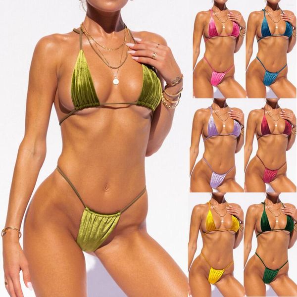 Traje de baño Sexy de terciopelo para mujer, conjunto de Micro Bikini, Tanga, traje de baño de 2 piezas, bañador de verano para mujer