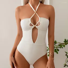 Swimwear Women Sexy White One Piece Swimsuit 2024 Femmes Halter Criss Cross Bandage Hollow Out Backless Beach Bathing Chieu Bodys