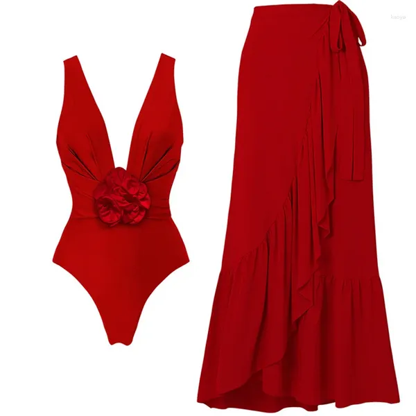 Swimwear Women Sexy Femmes 2024 Red 3D Fleur Fleur un morceau de maillot de bain et de jupe Bikinis Bouchage de luxe de la plage