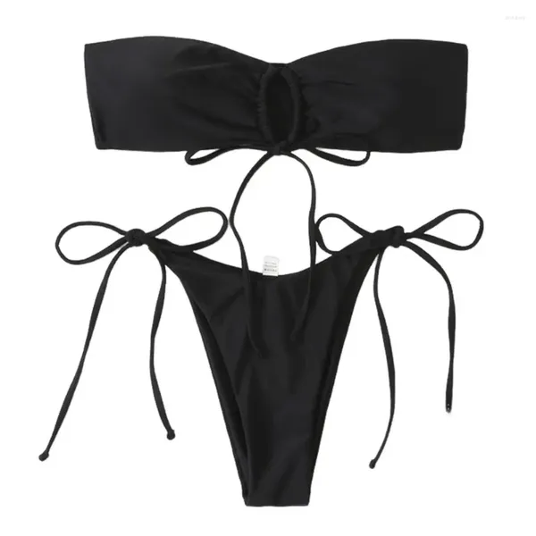 Swimwear Women Sexy Women Bikini Set Round Ring Bandeau Bra Bra Lace-Up High Taies Briefs Split Design 2pcs / Set