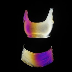 Dames badmode sexy dames bikini tweedelig set kleurrijke reflecterende shorts bh reflecteren licht zwempak club paal danskleding strand