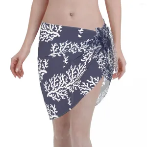 Traje de baño para mujer Mujeres sexy Azul y blanco Coral Sheer Kaftan Sarong Traje de baño Bikini Beach Cover Ups Falda corta