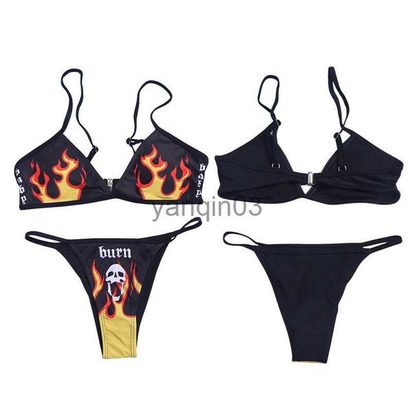 Maillots de bain pour femmes Sexy Femmes Flamme Imprimé Bikini Ensemble Anime Goth Low Cut Bandoulière Retour Crochet Connecté Soutien-Gorge Taille Basse Crâne Motif Strings J230603