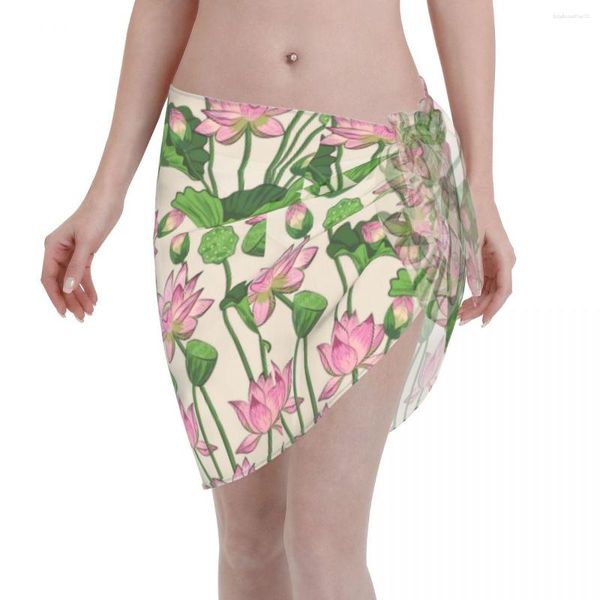 Traje de baño de las mujeres Mujeres atractivas Patrón de flores de loto Perspectiva Pareo Bufanda Cubrir Ups Falda Bikini Up Lace-up