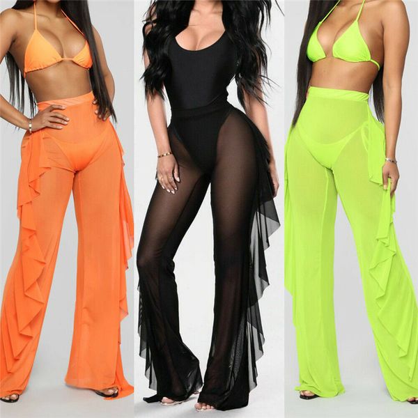 Maillots de bain pour femmes Sexy Women See-through Pants Bikini Cover Up Mesh Ruffle Bottoms Plus Size Loose Long Pants Beachwear Maillot de bain 220325