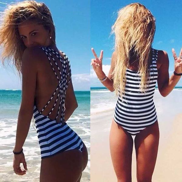 Swimwear pour femmes Sexy Femmes Swimwear Striped Backless Bandage One Piece Swimsuit For Women Holiday Place Push Up Open Back Back Swimming Cost Y240506